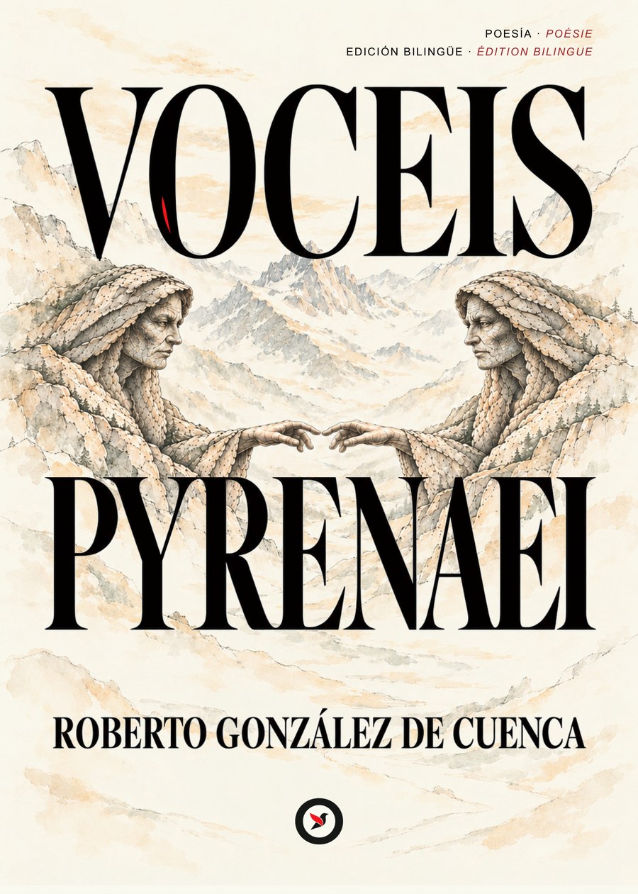 Cubierta de «Voceis Pyrenaei»: sobre fondo marfil, dos figuras de piedra con forma de mujer, una frente a otra en las montañas, acercan las manos hasta casi tocarse; arriba el título en grandes letras negras y abajo el nombre de Roberto González de Cuenca